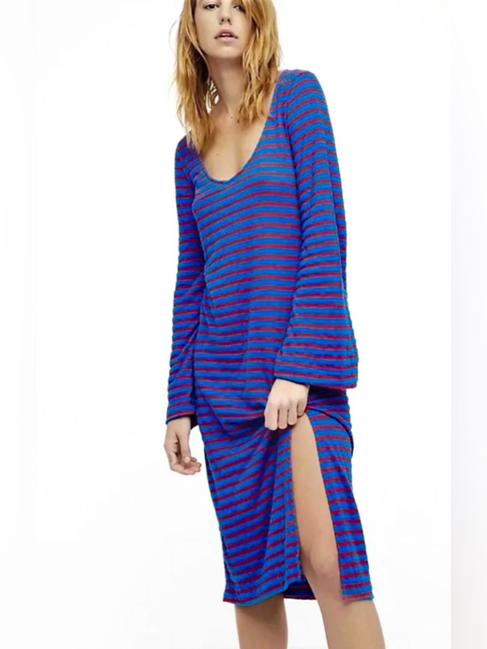 Free People La Jolla Midi Cherry Red Striped Blue Dress